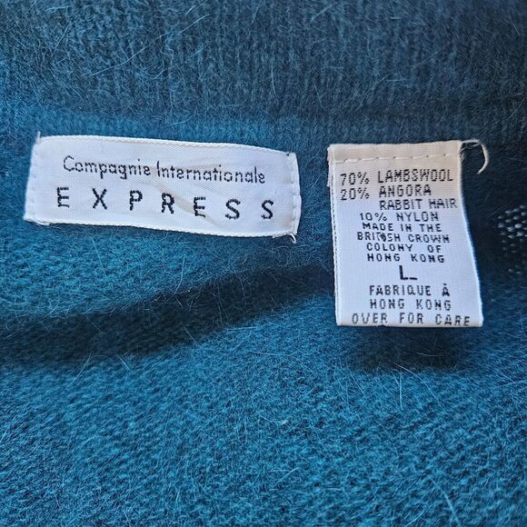 Vintage EXPRESS Angora Blend Cardigan Sweater Large Teal Green Preppy Academia - Picture 6 of 7